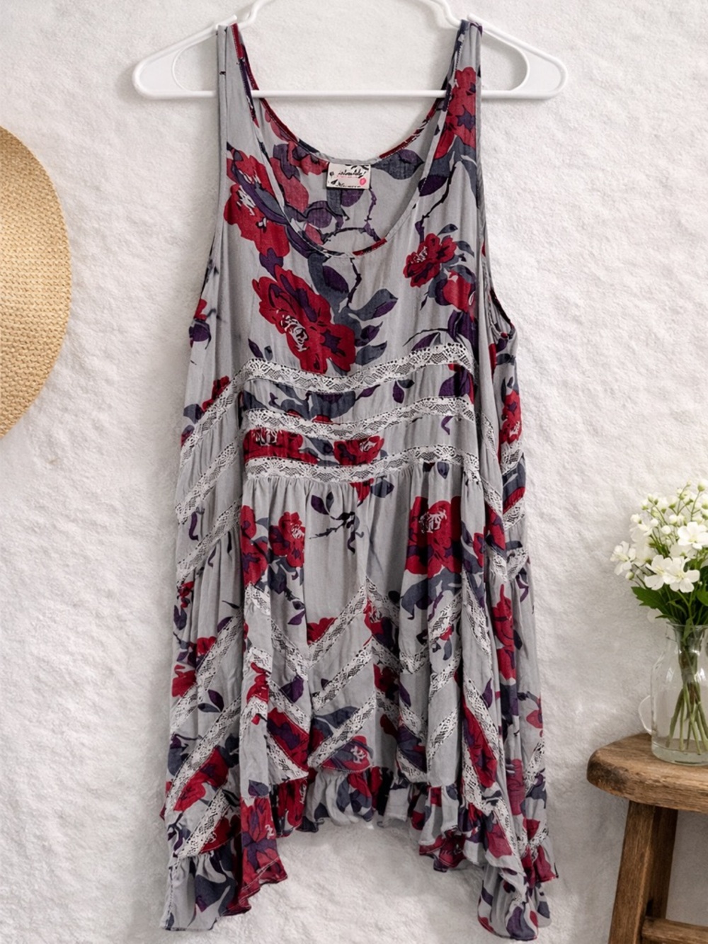 Free People Intimately Floral Lace Trapeze Slip Dress Gray Maroon Medium